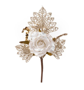 Weihnachtszweig, mit Rose, Gold-Wei, 26 cm