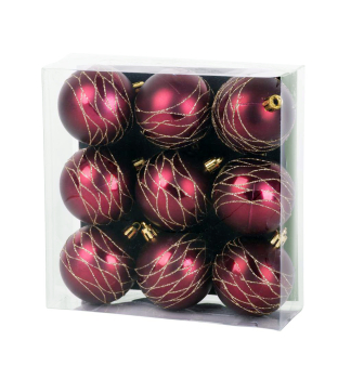 MAGICHOME WEIHNACHTSKUGELN, 9 Stck, Burgunderrot mit Dekoration, 6 cm