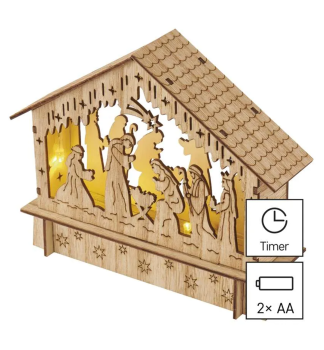 LED Weihnachtskrippe, Holz, 15 cm, 2x AA, Indoor, warmwei, Timer