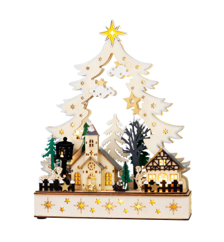 LED Holzdekoration - Dorf, 12 warmweie LEDs, 25 x 7,5 x 32 cm