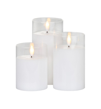 LED Dekoration - 3 Wachskerzen, 1 warmweie LED-Lampe mit beweglicher Flamme, 7,5 x10/12,5/15 cm