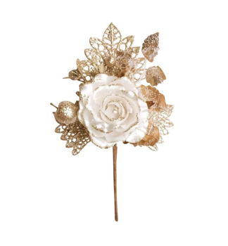 Weihnachtszweig, mit Rose, creme, 25,5 cm